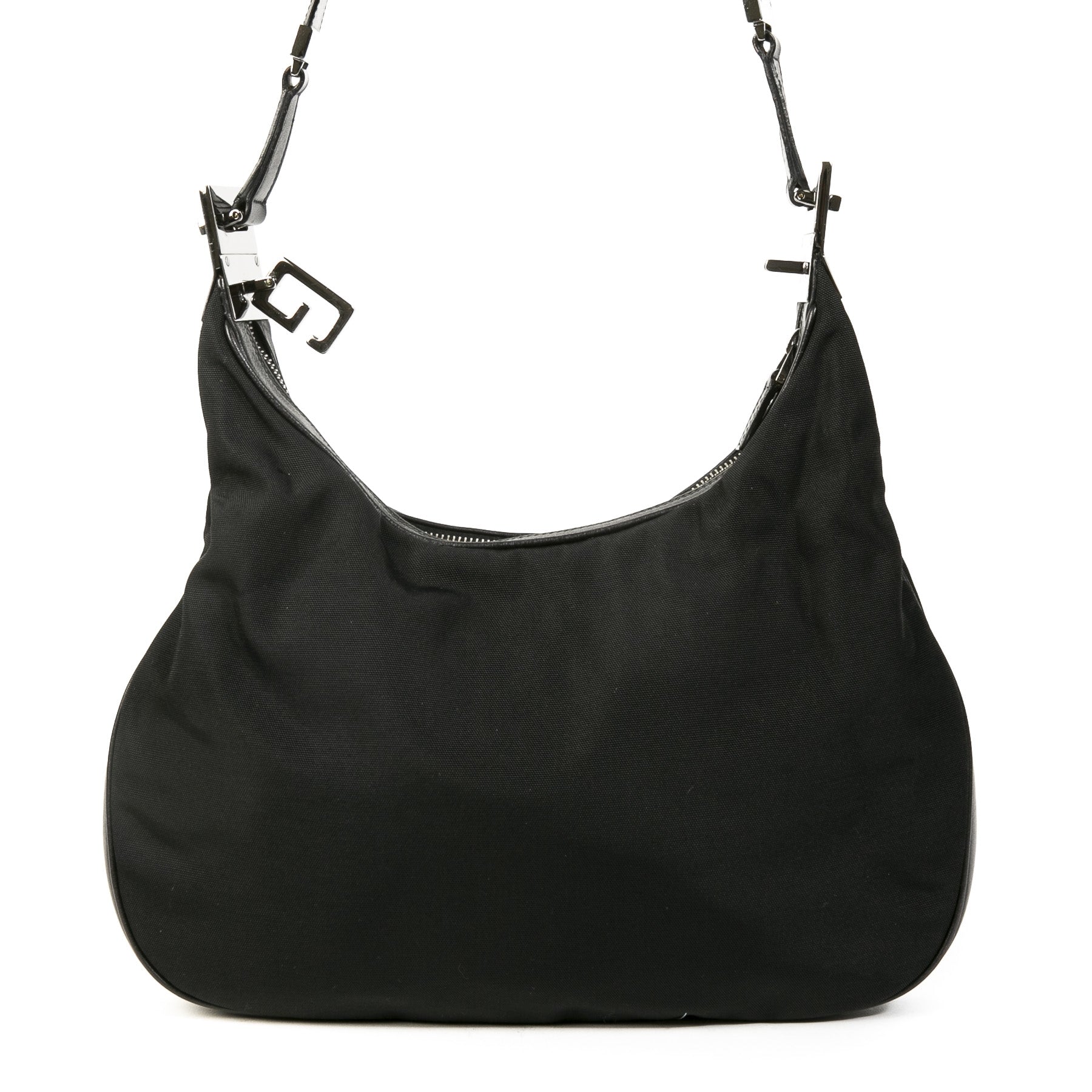 Authentieke Tweedehands Gucci Black Canvas Silver Hobo Shoulder Bag juiste prijs veilig online shoppen luxe merken webshop winkelen Antwerpen België mode fashion