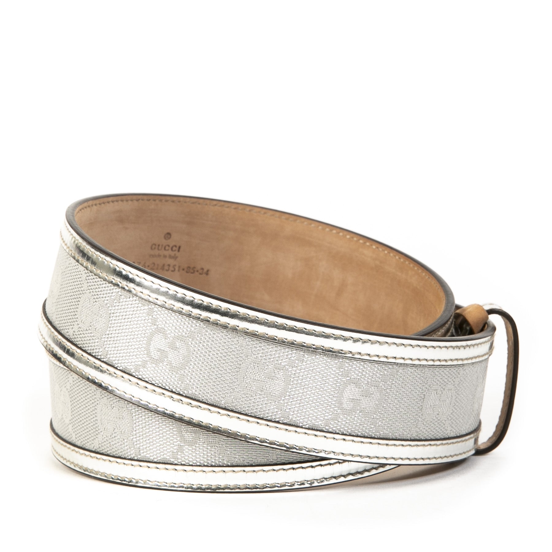 Authentieke tweedehands vintage Gucci GG Silver Monogram Belt - Size 85 koop online webshop LabelLOV