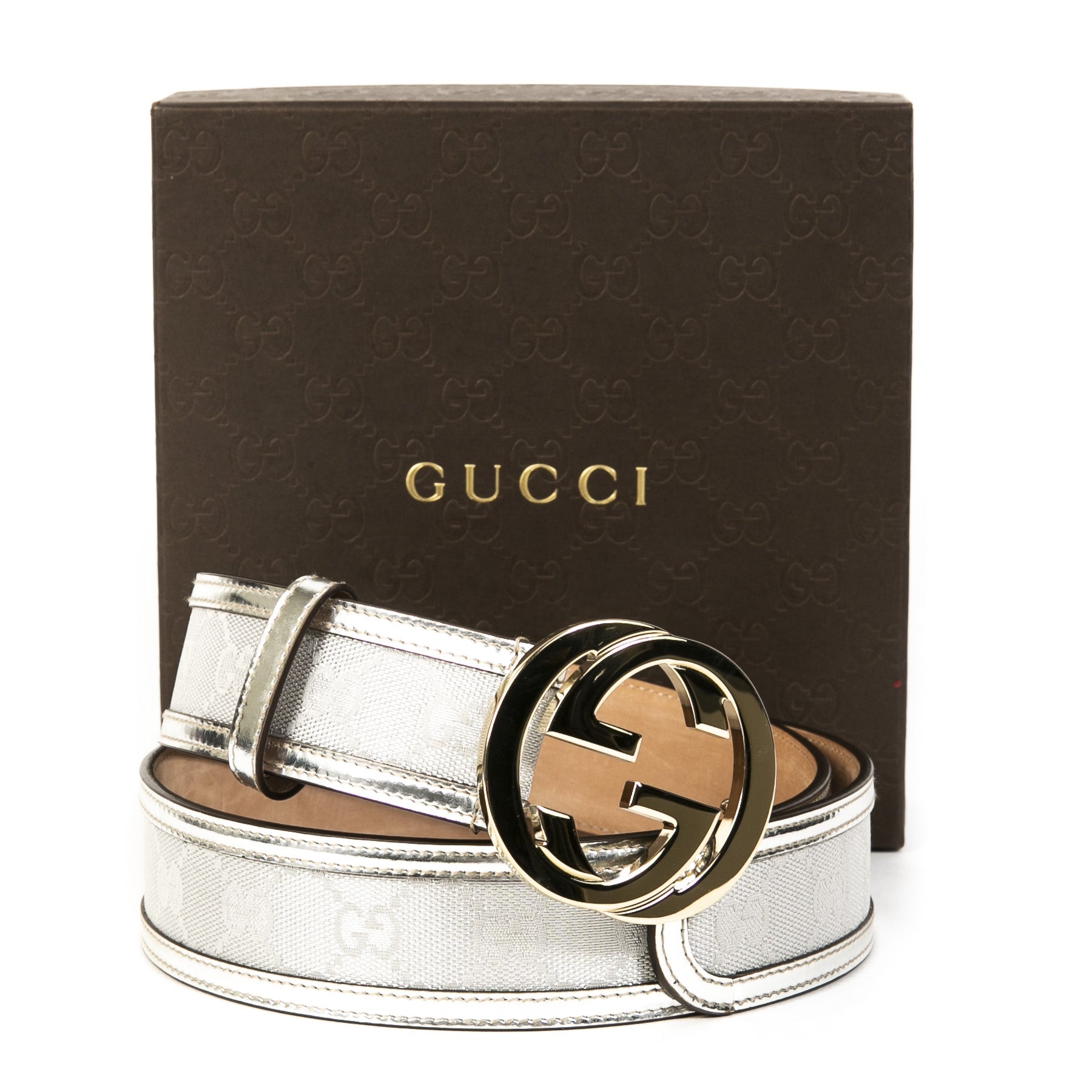 Authentique seconde main vintage Gucci GG Silver Monogram Belt - Size 85 achète en ligne webshop LabelLOV