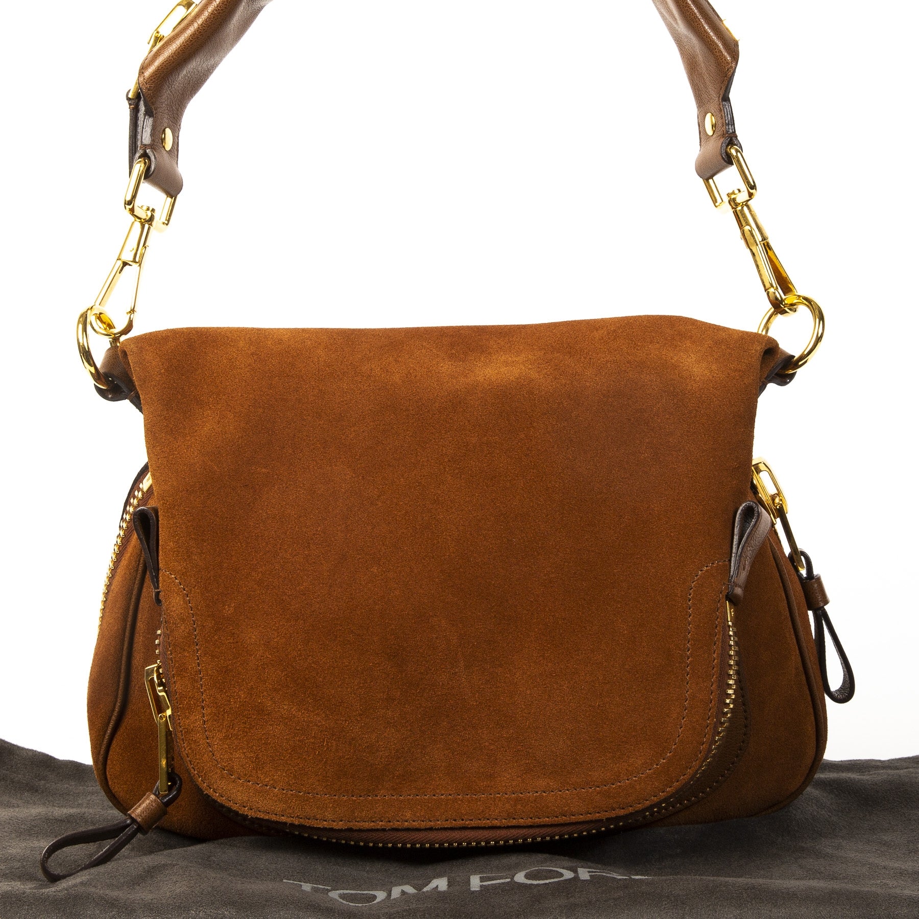 Authentieke Tweedehands Tom Ford Brown Suede Jennifer Shoulder Bag juiste prijs veilig online shoppen luxe merken webshop winkelen Antwerpen België mode fashion