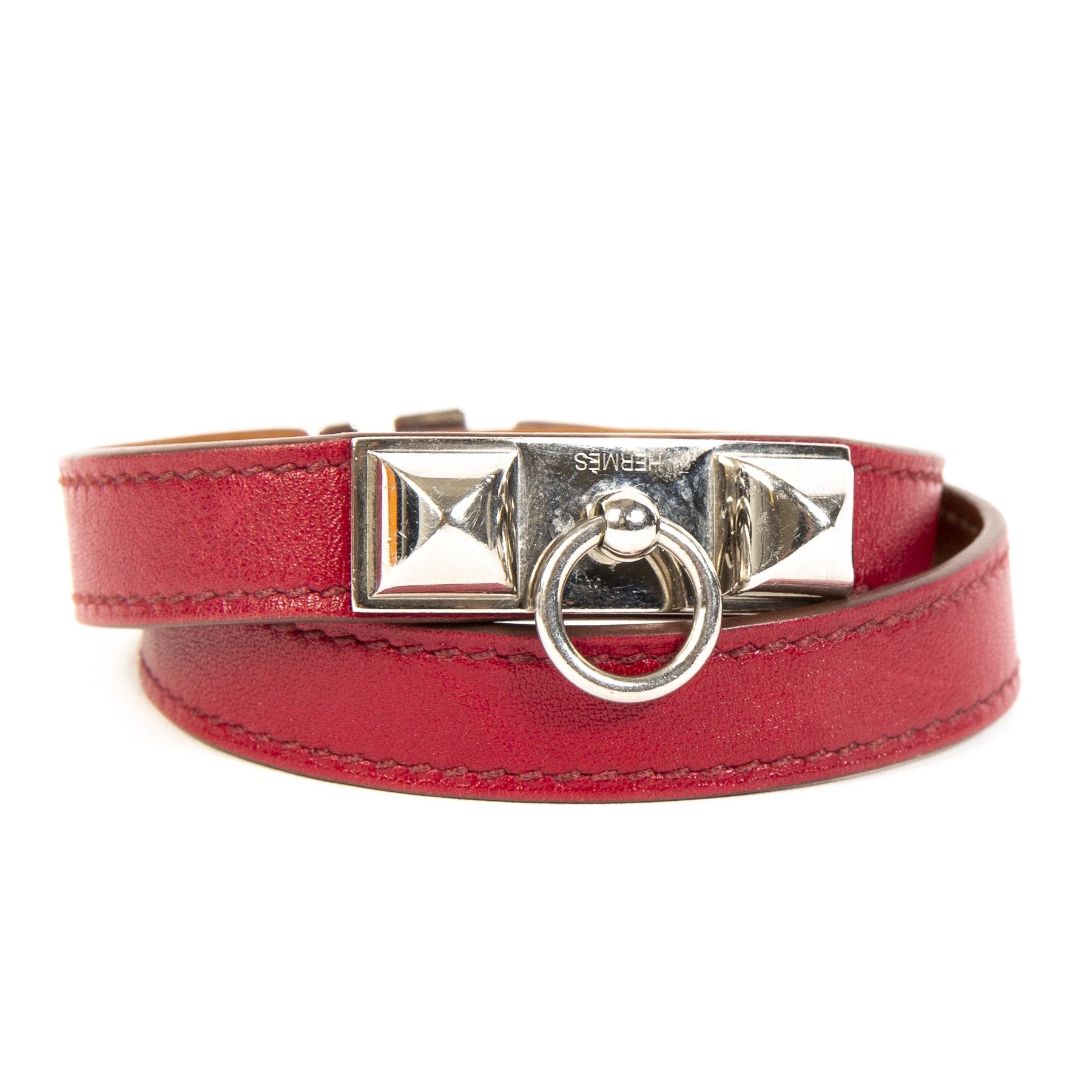 Hermès Red Rivale Double Tour Leather Bracelet