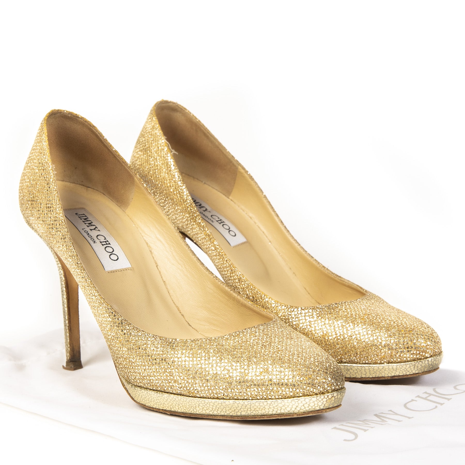 Authentieke Tweedehands Jimmy Choo Gold Glitter Pumps juiste prijs veilig online shoppen luxe merken webshop winkelen Antwerpen België mode fashion