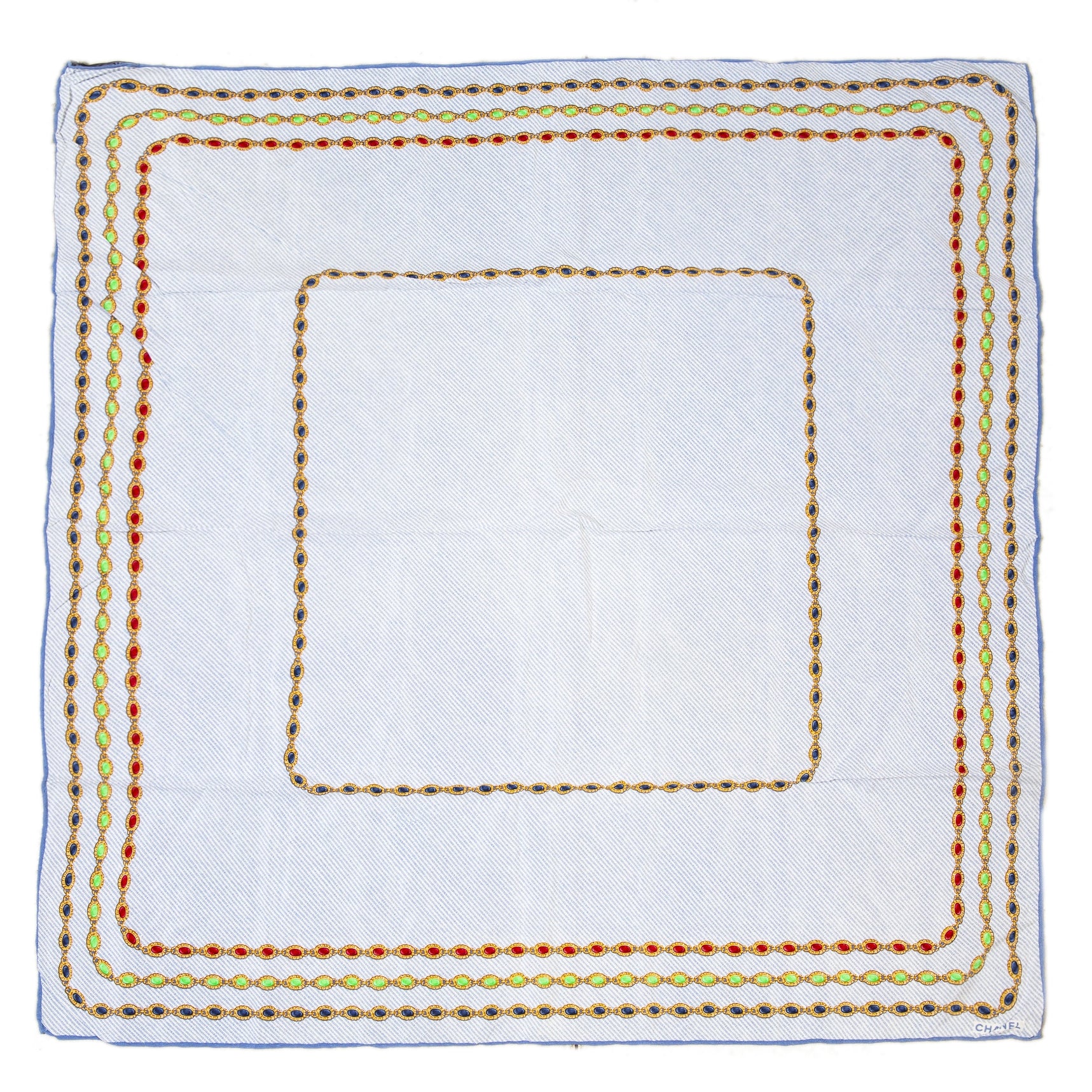 Koop deze authentieke tweedehands vintage Chanel Baby Blue Gem Printed Scarf bij online webshop LabelLOV.