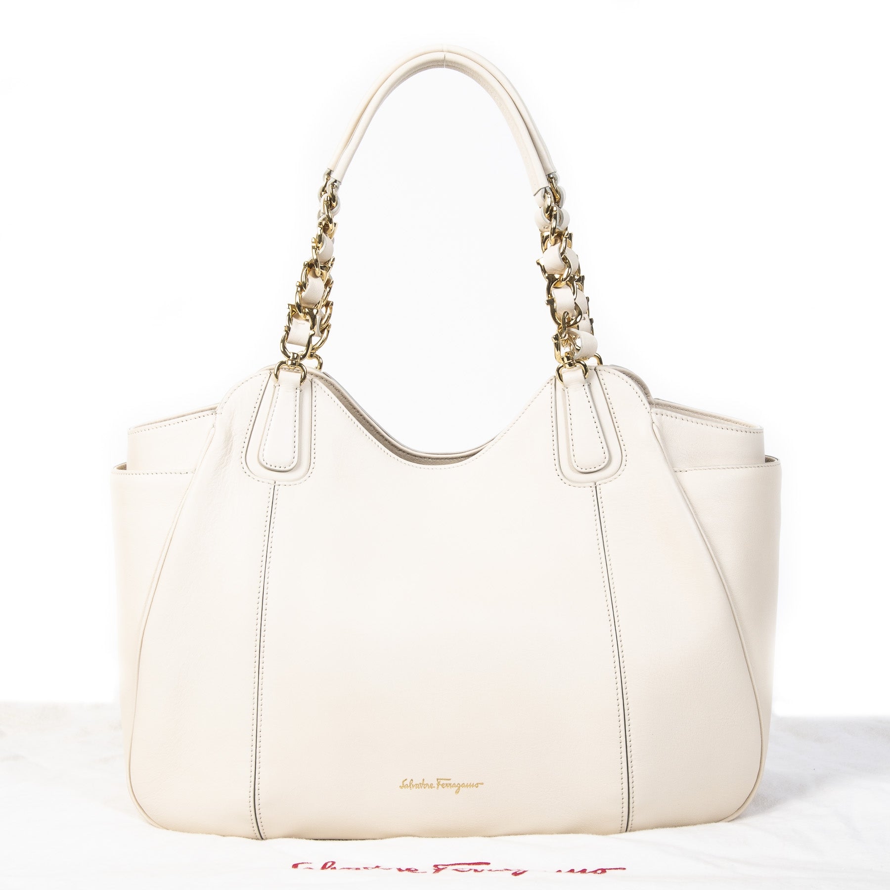 Authentieke Tweedehands Salvatore Ferragamo White Chain Tote Bag juiste prijs veilig online shoppen luxe merken webshop winkelen Antwerpen België mode fashion
