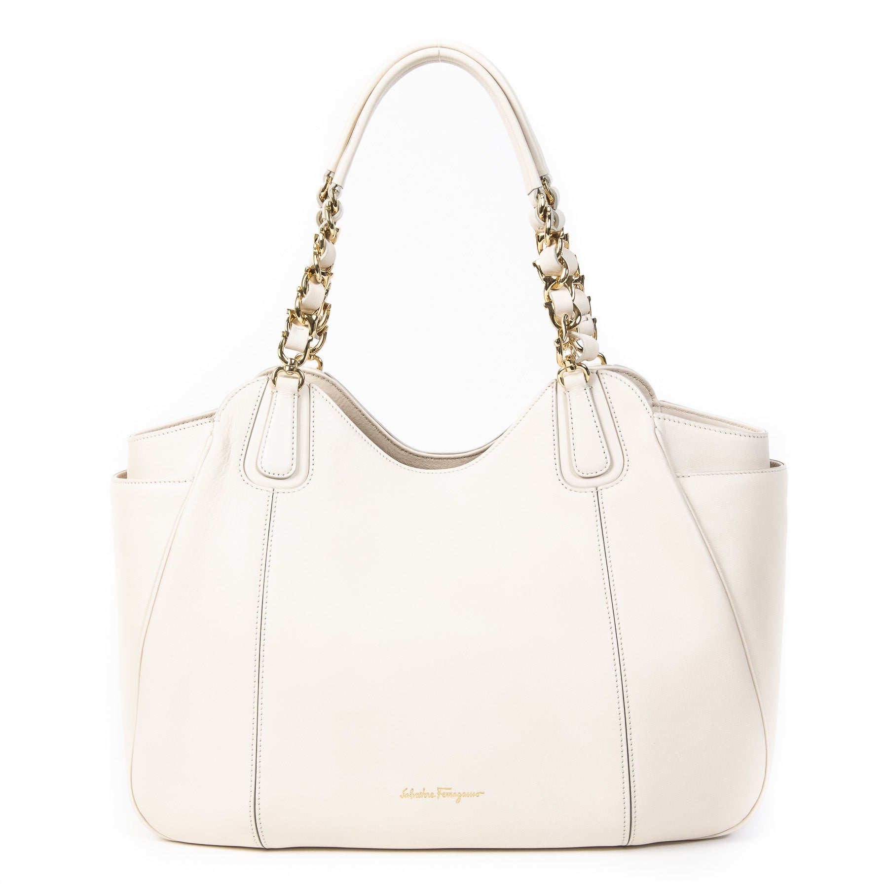 Authentieke Tweedehands Salvatore Ferragamo White Chain Tote Bag juiste prijs veilig online shoppen luxe merken webshop winkelen Antwerpen België mode fashion