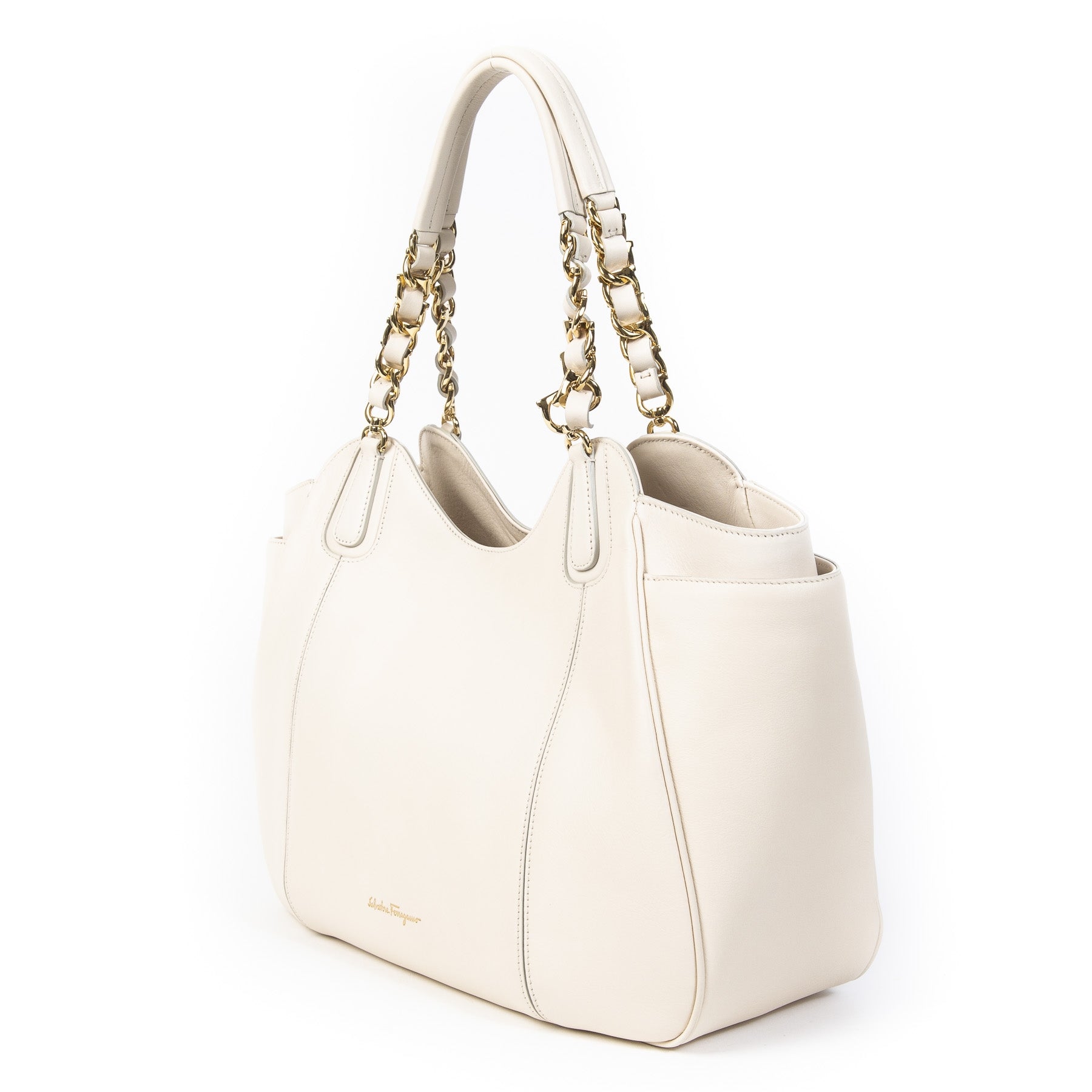 Authentieke Tweedehands Salvatore Ferragamo White Chain Tote Bag juiste prijs veilig online shoppen luxe merken webshop winkelen Antwerpen België mode fashion