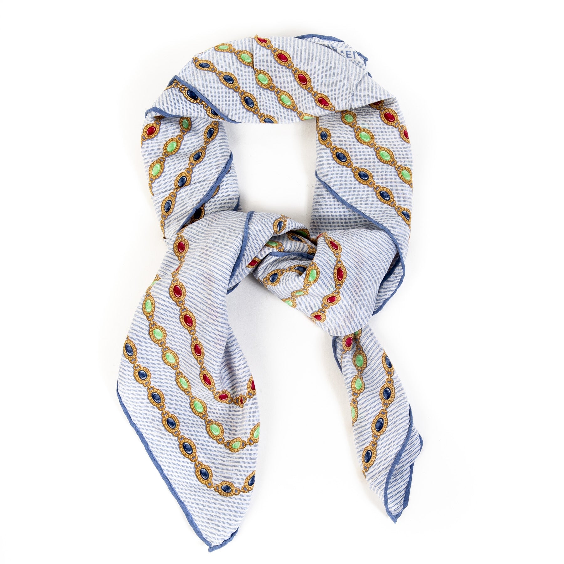 Buy this authentic second-hand vintage Chanel Baby Blue Gem Printed Scarf at online webshop LabelLOV. Safe and secure shopping