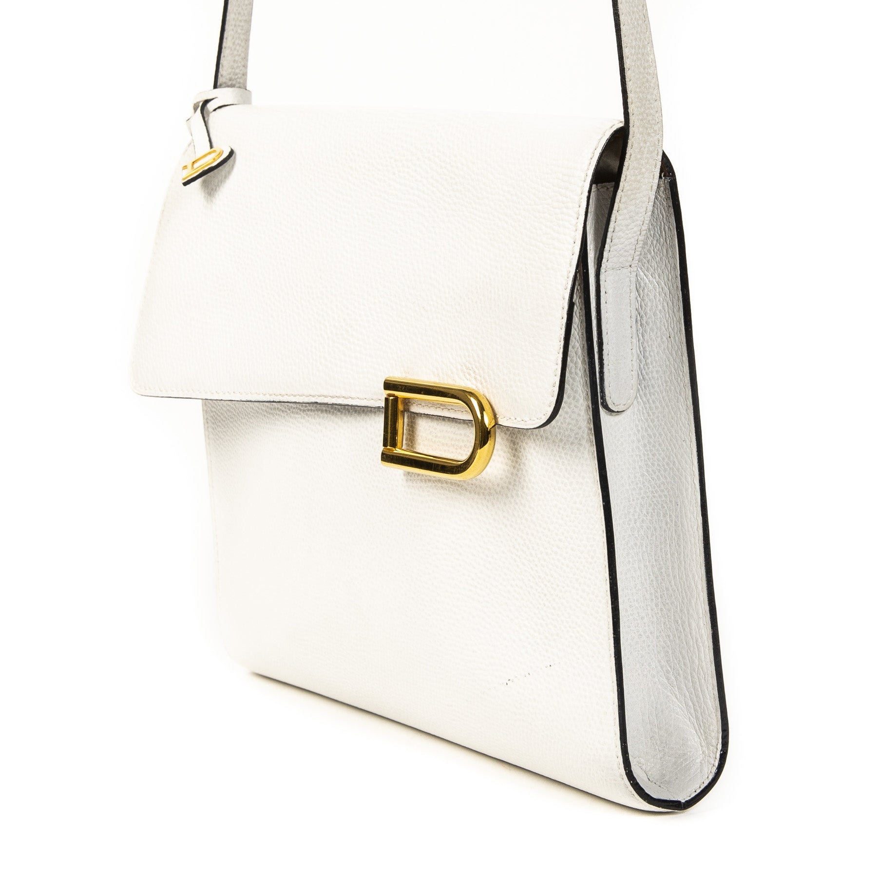 Authentieke Tweedehands Delvaux White Leather Gold D Shoulder Bag juiste prijs veilig online shoppen luxe merken webshop winkelen Antwerpen België mode fashion