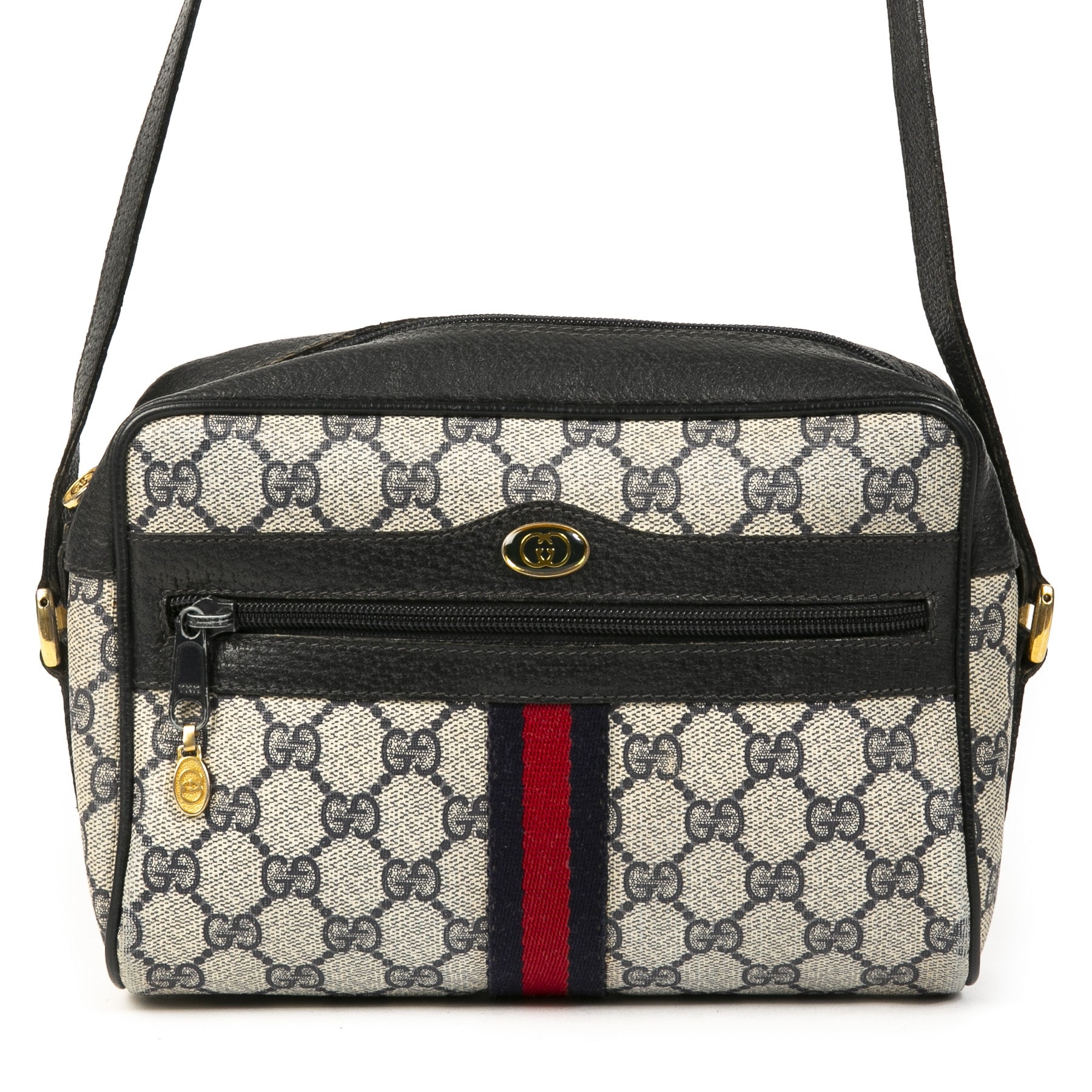 Authentieke tweedehands vintage Gucci Web Monogram Blue Crossbody Bag koop online webshop LabelLOV