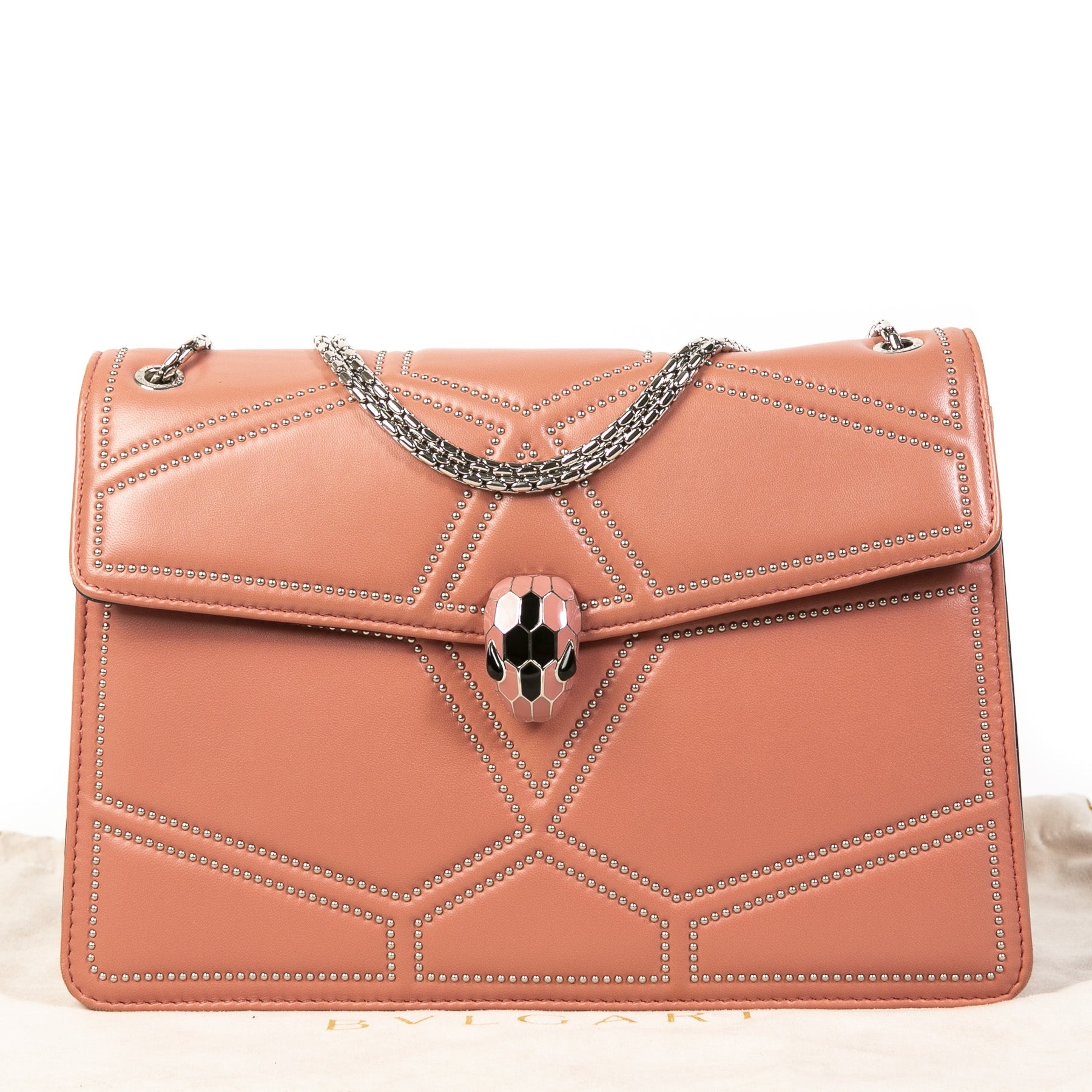 Authentieke Tweedehands Bulgari Pink Serpentine Flap Bag juiste prijs veilig online shoppen luxe merken webshop winkelen Antwerpen België mode fashion