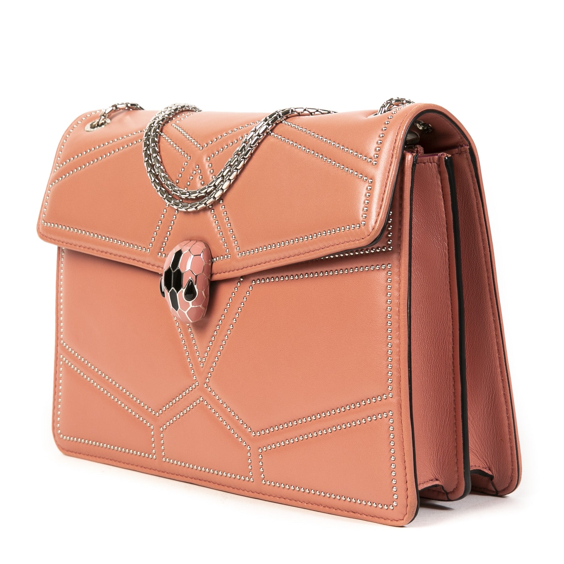Authentieke Tweedehands Bulgari Pink Serpentine Flap Bag juiste prijs veilig online shoppen luxe merken webshop winkelen Antwerpen België mode fashion