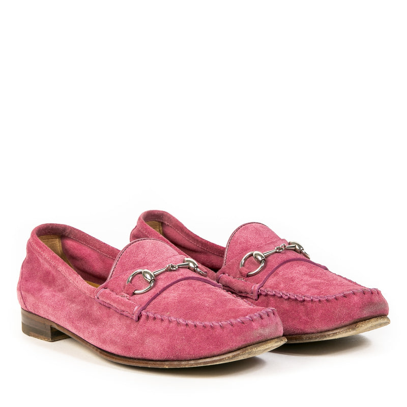 Gucci Peony Pink Suede Leather Horsebit Loafers - 37.5