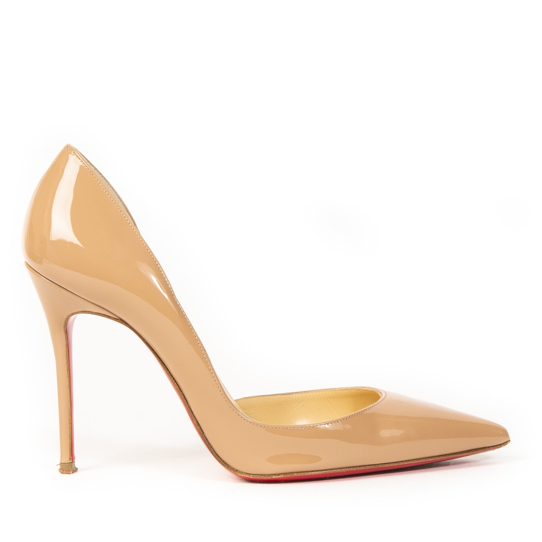 Authentieke Tweedehands Christian Louboutin Nude Patent Leather Iriza 100 Heels juiste prijs veilig online shoppen luxe merken webshop winkelen Antwerpen België mode fashion