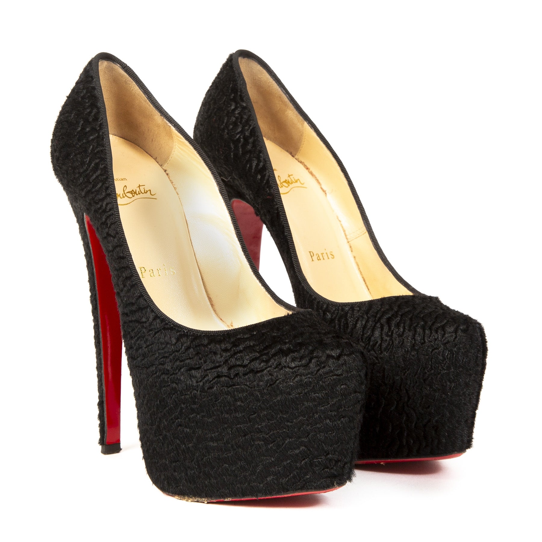 Authentieke Tweedehands Louboutin Daffodile Black Astrakan Heels juiste prijs veilig online shoppen luxe merken webshop winkelen Antwerpen België mode fashion