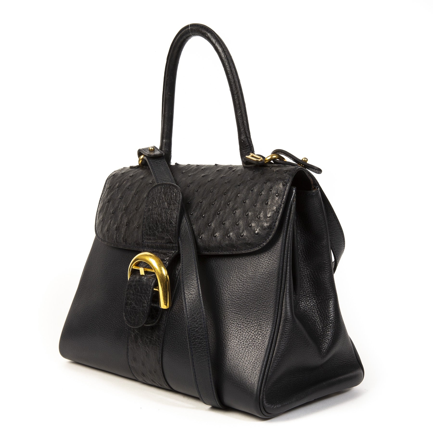 Delvaux Brillant Autruche Bleu Foncé MM + Bandoulière