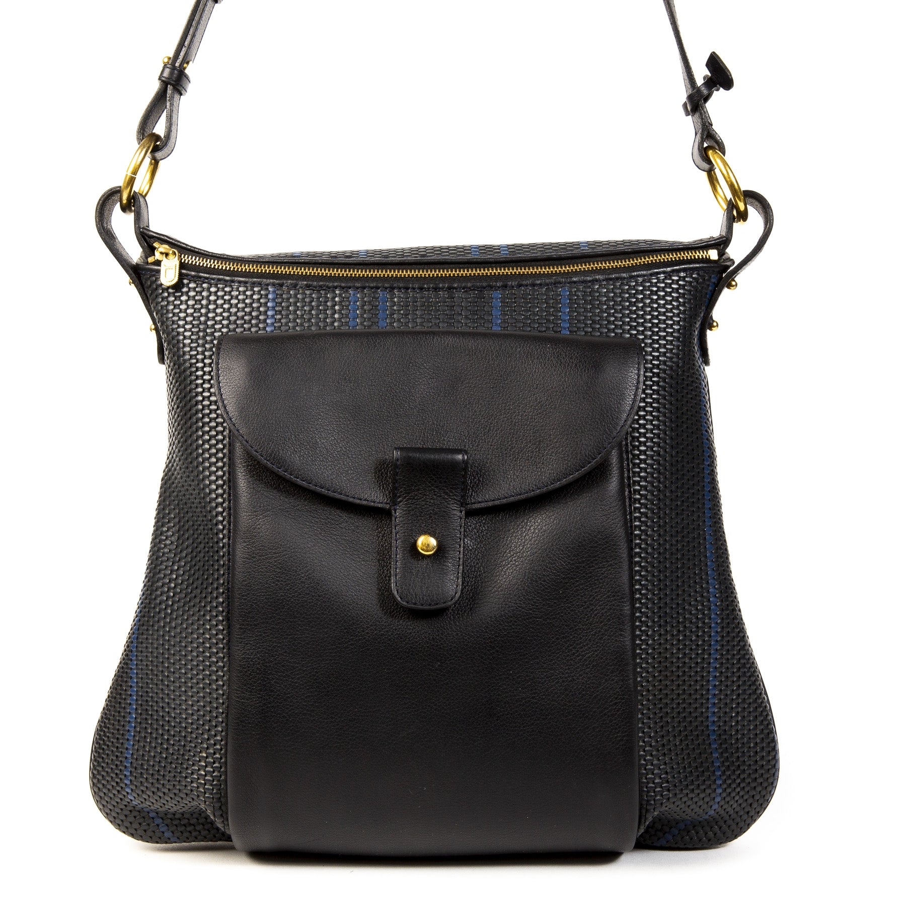 Authentieke Tweedehands Delvaux Dark Blue Toile de Cuir Striped Shoulder Bag juiste prijs veilig online shoppen luxe merken webshop winkelen Antwerpen België mode fashion