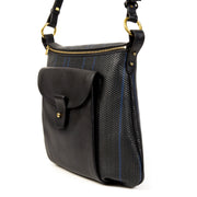 Authentieke Tweedehands Delvaux Dark Blue Toile de Cuir Striped Shoulder Bag juiste prijs veilig online shoppen luxe merken webshop winkelen Antwerpen België mode fashion