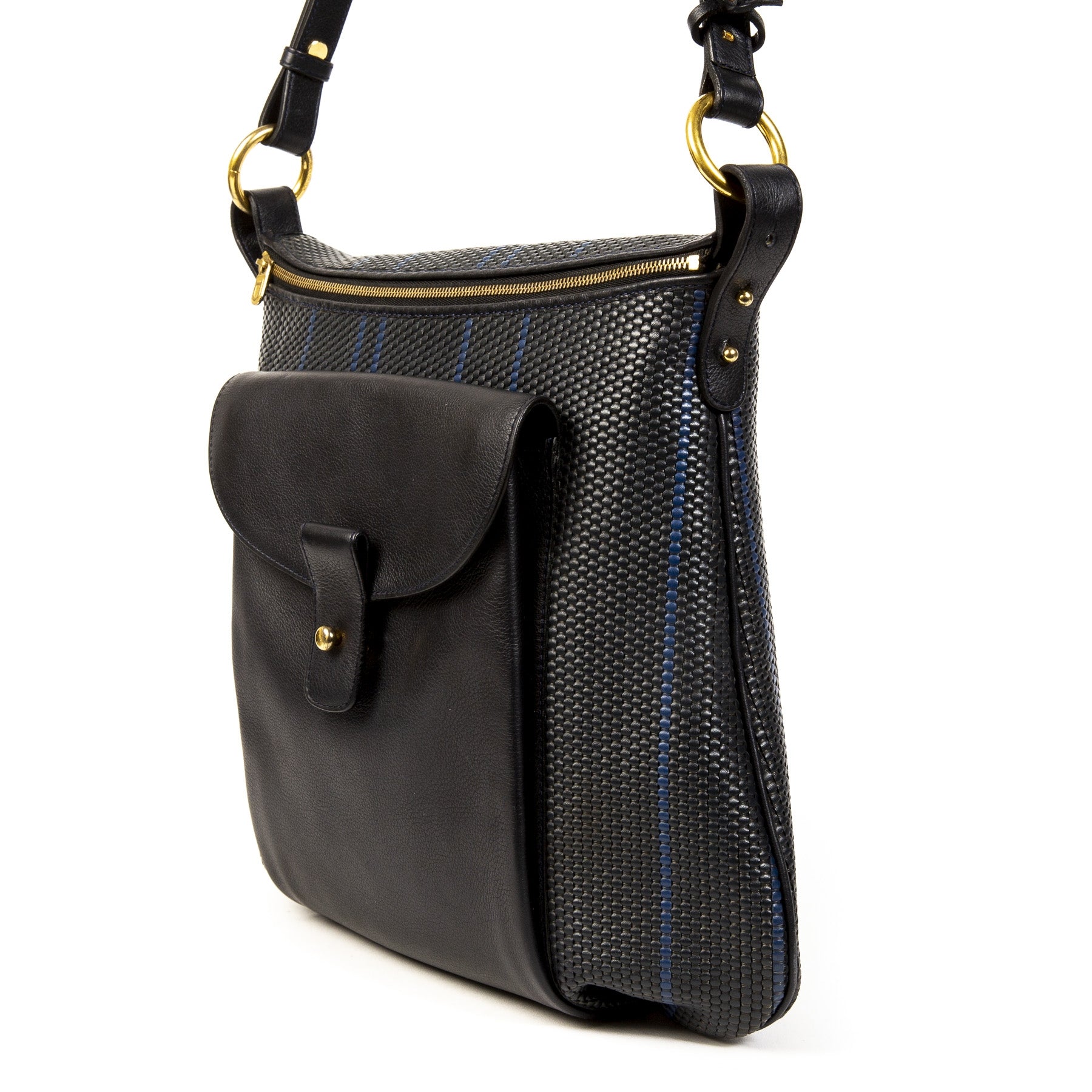 Authentieke Tweedehands Delvaux Dark Blue Toile de Cuir Striped Shoulder Bag juiste prijs veilig online shoppen luxe merken webshop winkelen Antwerpen België mode fashion