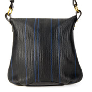 Authentieke Tweedehands Delvaux Dark Blue Toile de Cuir Striped Shoulder Bag juiste prijs veilig online shoppen luxe merken webshop winkelen Antwerpen België mode fashion