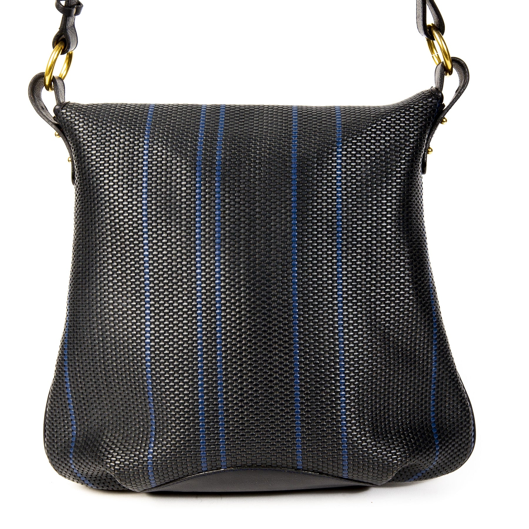 Authentieke Tweedehands Delvaux Dark Blue Toile de Cuir Striped Shoulder Bag juiste prijs veilig online shoppen luxe merken webshop winkelen Antwerpen België mode fashion
