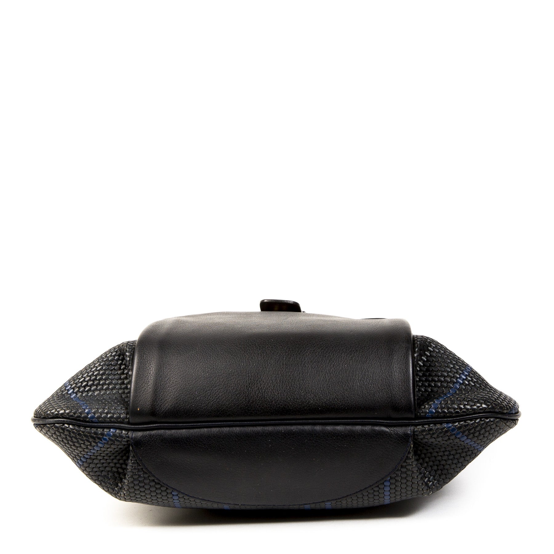 Authentieke Tweedehands Delvaux Dark Blue Toile de Cuir Striped Shoulder Bag juiste prijs veilig online shoppen luxe merken webshop winkelen Antwerpen België mode fashion