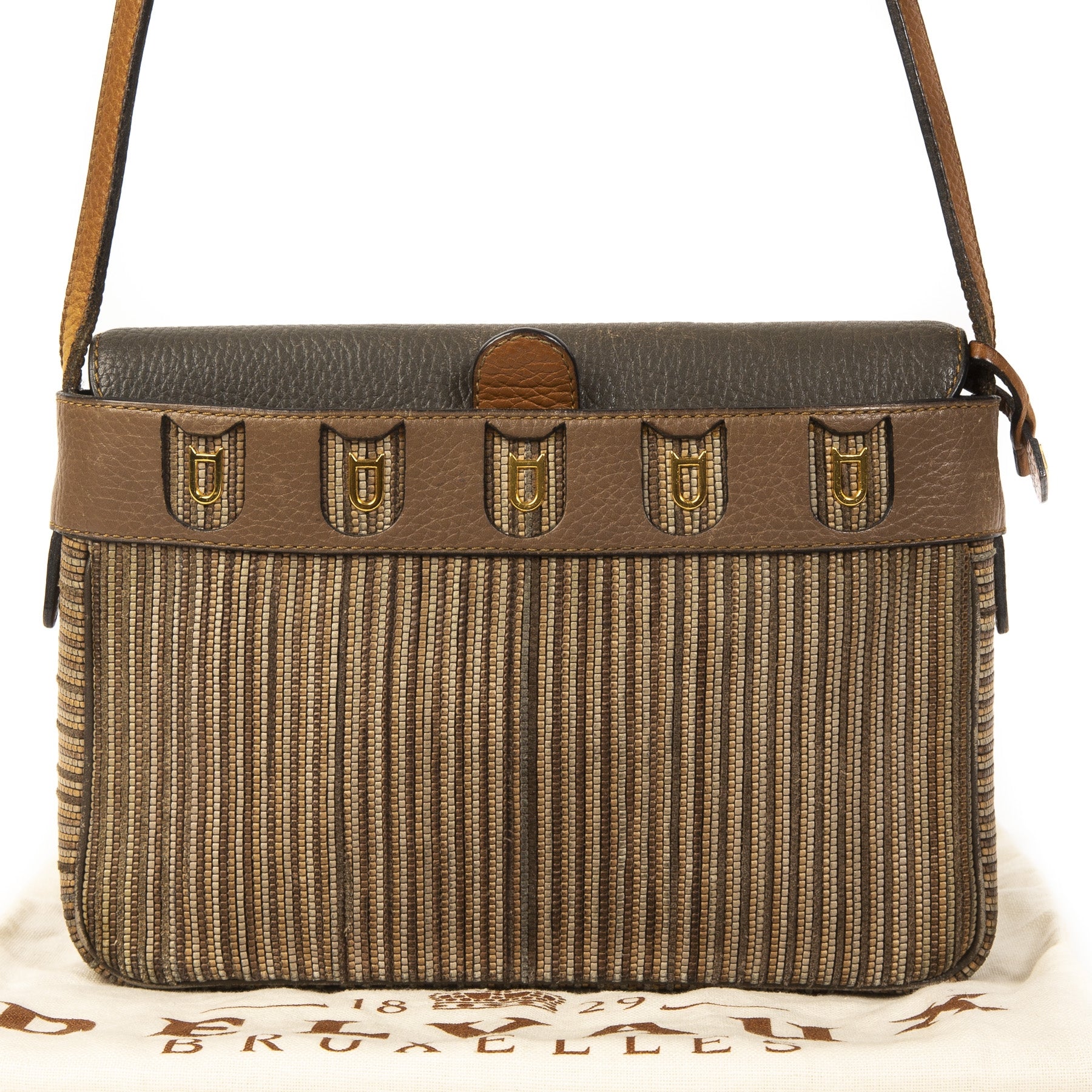 Authentieke Tweedehands Delvaux Brown & Blue Toile de Cuir Crossbody Bag juiste prijs veilig online shoppen luxe merken webshop winkelen Antwerpen België mode fashion