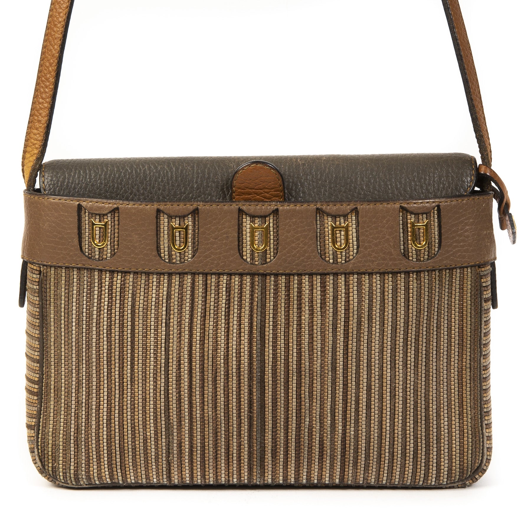 Authentieke Tweedehands Delvaux Brown & Blue Toile de Cuir Crossbody Bag juiste prijs veilig online shoppen luxe merken webshop winkelen Antwerpen België mode fashion