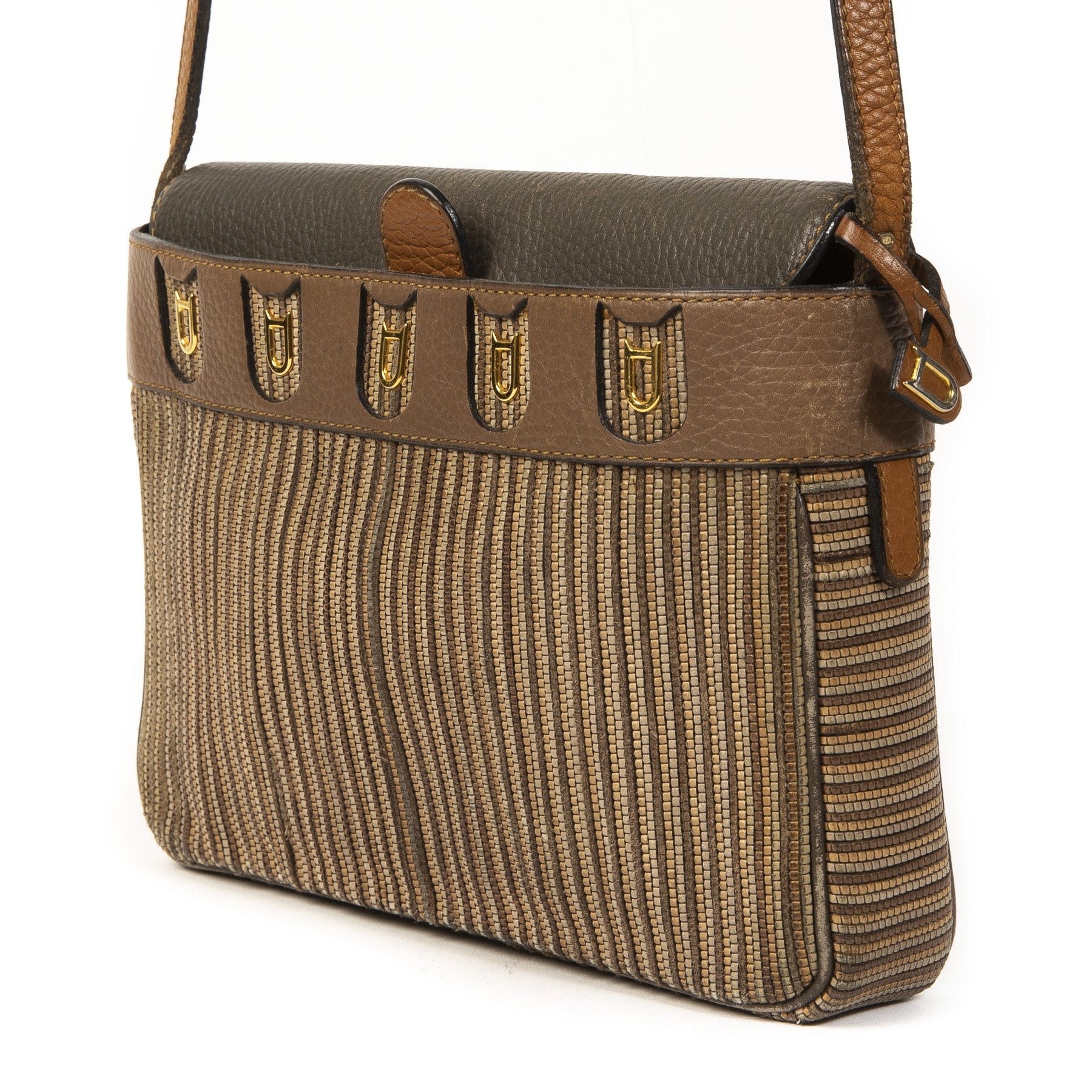 Authentieke Tweedehands Delvaux Brown & Blue Toile de Cuir Crossbody Bag juiste prijs veilig online shoppen luxe merken webshop winkelen Antwerpen België mode fashion
