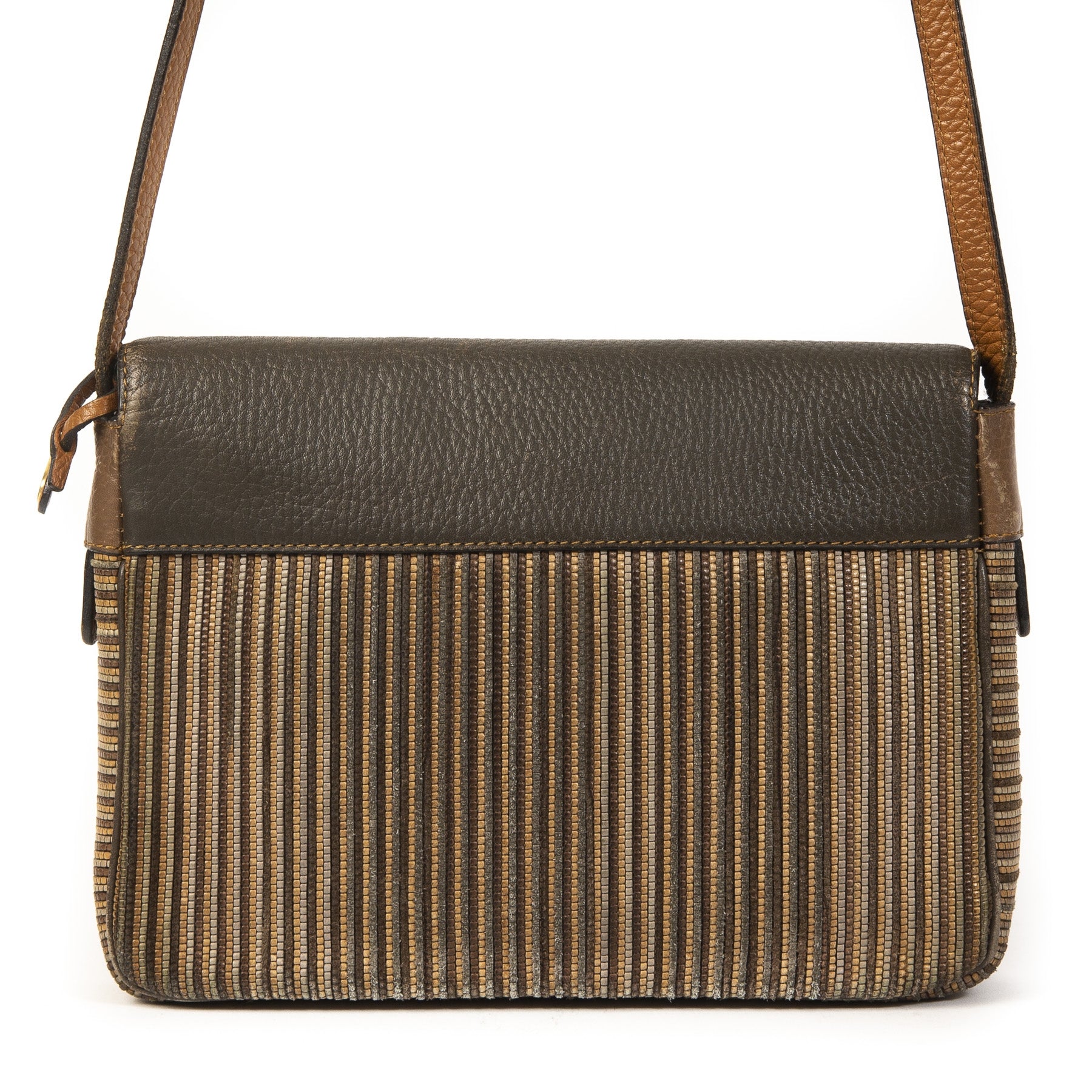 Authentieke Tweedehands Delvaux Brown & Blue Toile de Cuir Crossbody Bag juiste prijs veilig online shoppen luxe merken webshop winkelen Antwerpen België mode fashion