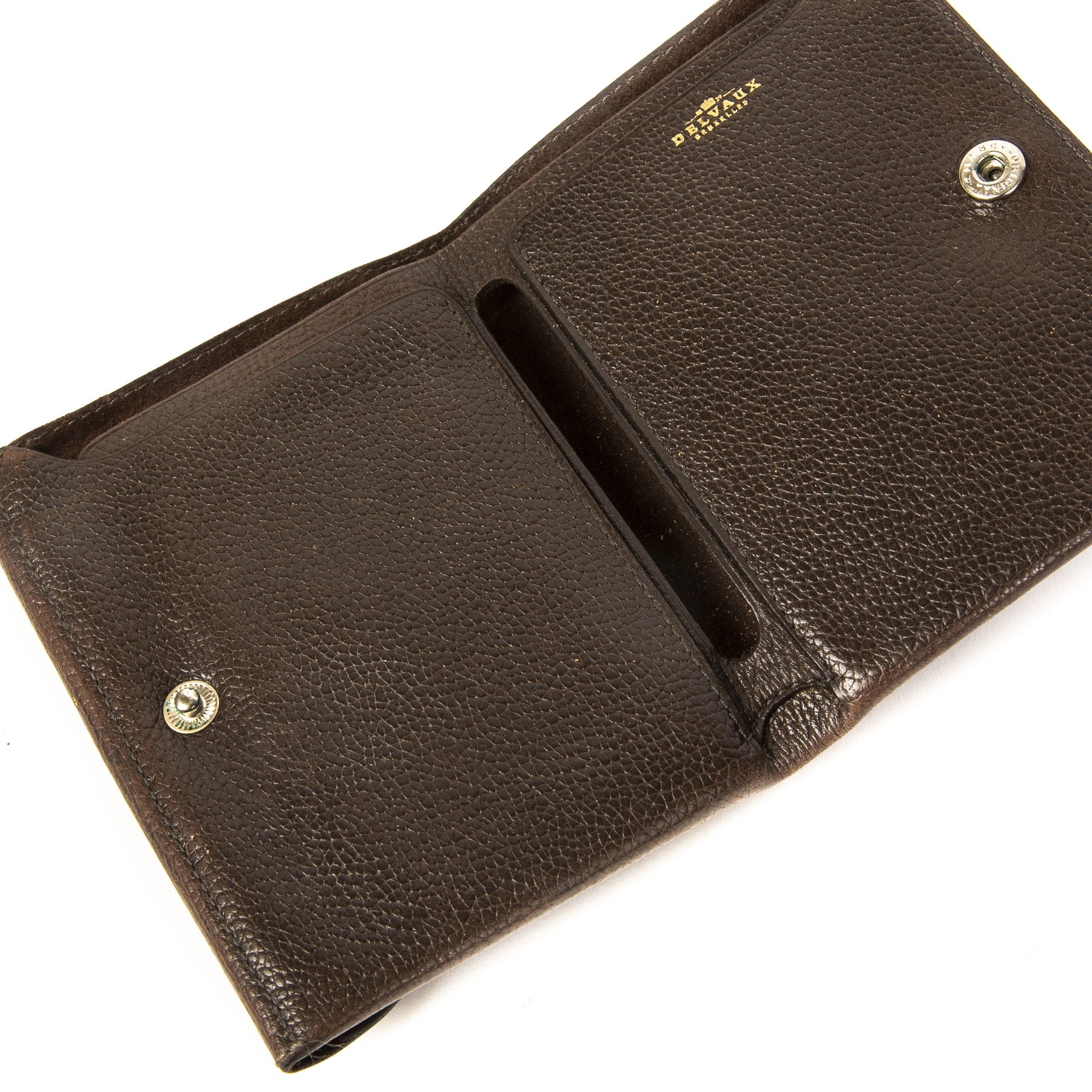 Authentieke Tweedehands Delvaux Chocolate Brown Leather Wallet juiste prijs veilig online shoppen luxe merken webshop winkelen Antwerpen België mode fashion