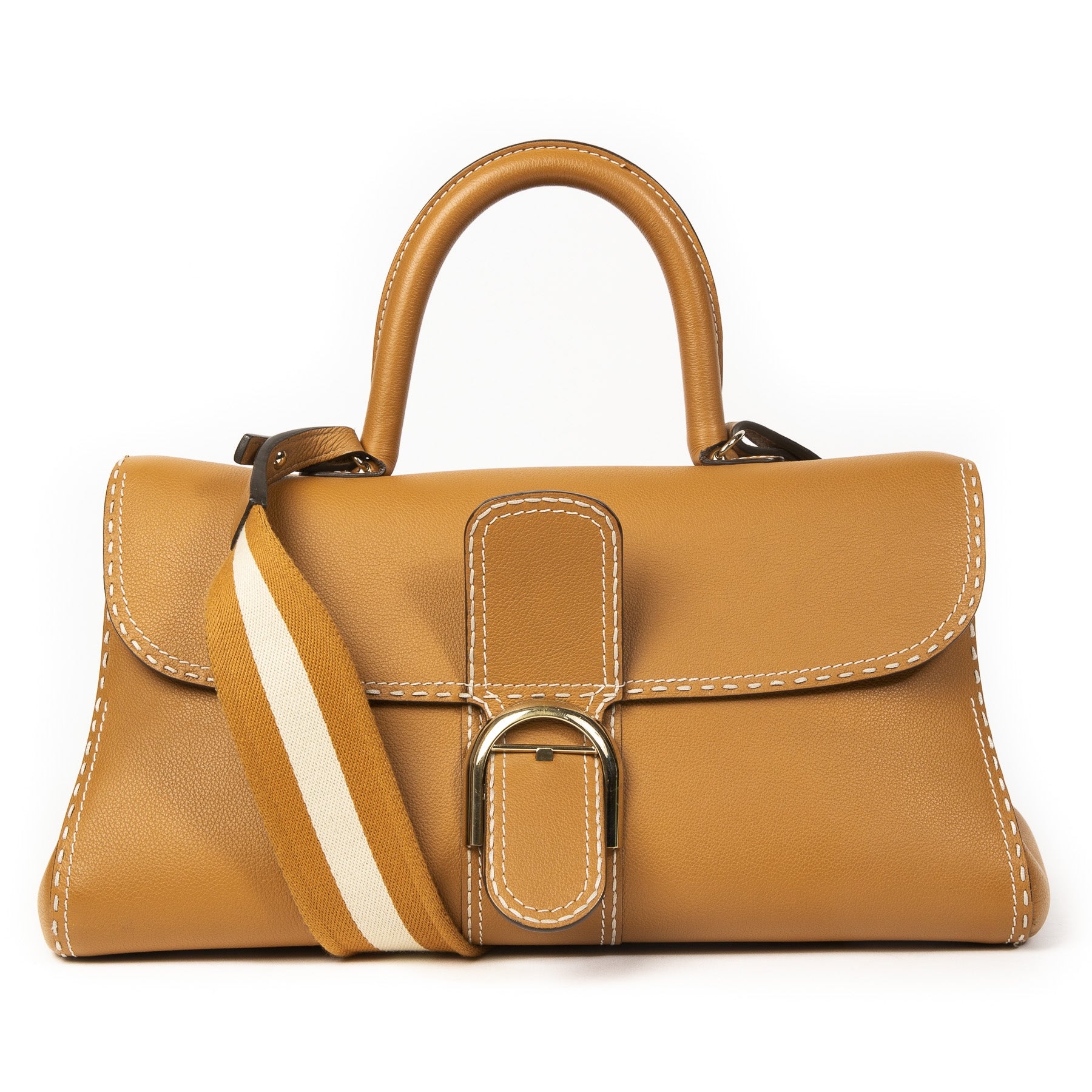Delvaux Brillant East/West Tote Bag in Brown Clemence Leather with Large Stitch and Special Strap. Buy authentic delvaux bag online at labellov webshop antwerp, secondhand designer vintage. Koop online tweedehands delvaux tas brillant bij labellov.