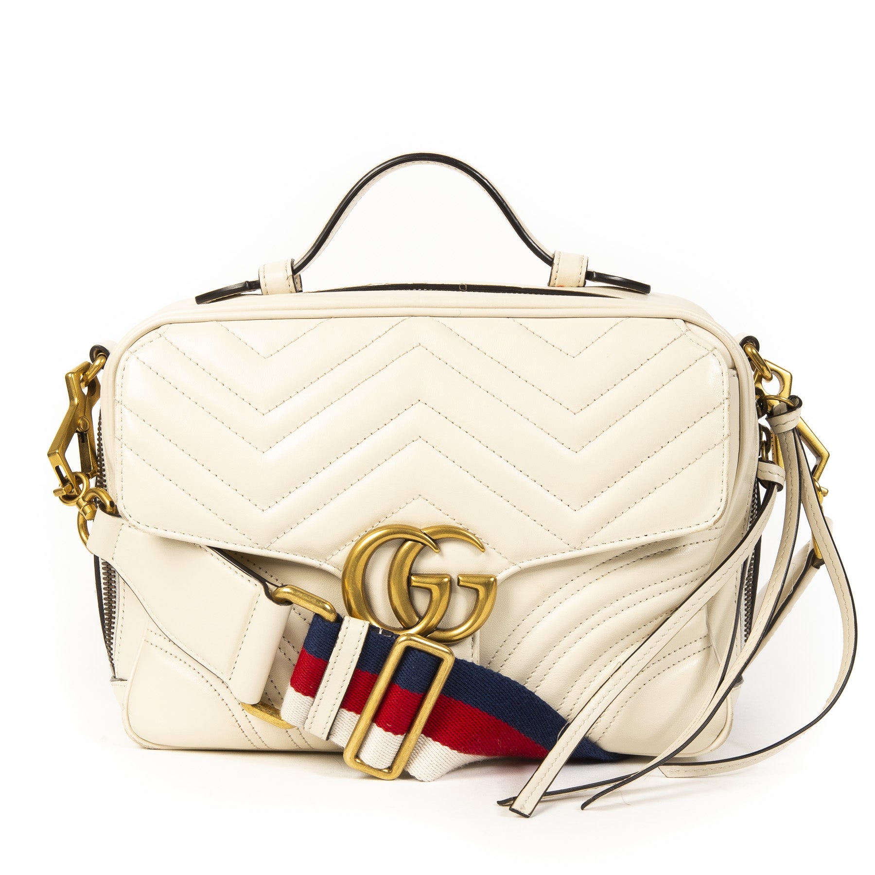 koop veilig online tegen de beste prijs Gucci GG Marmont Ivory Mini Top Handle Bag with Special Strap