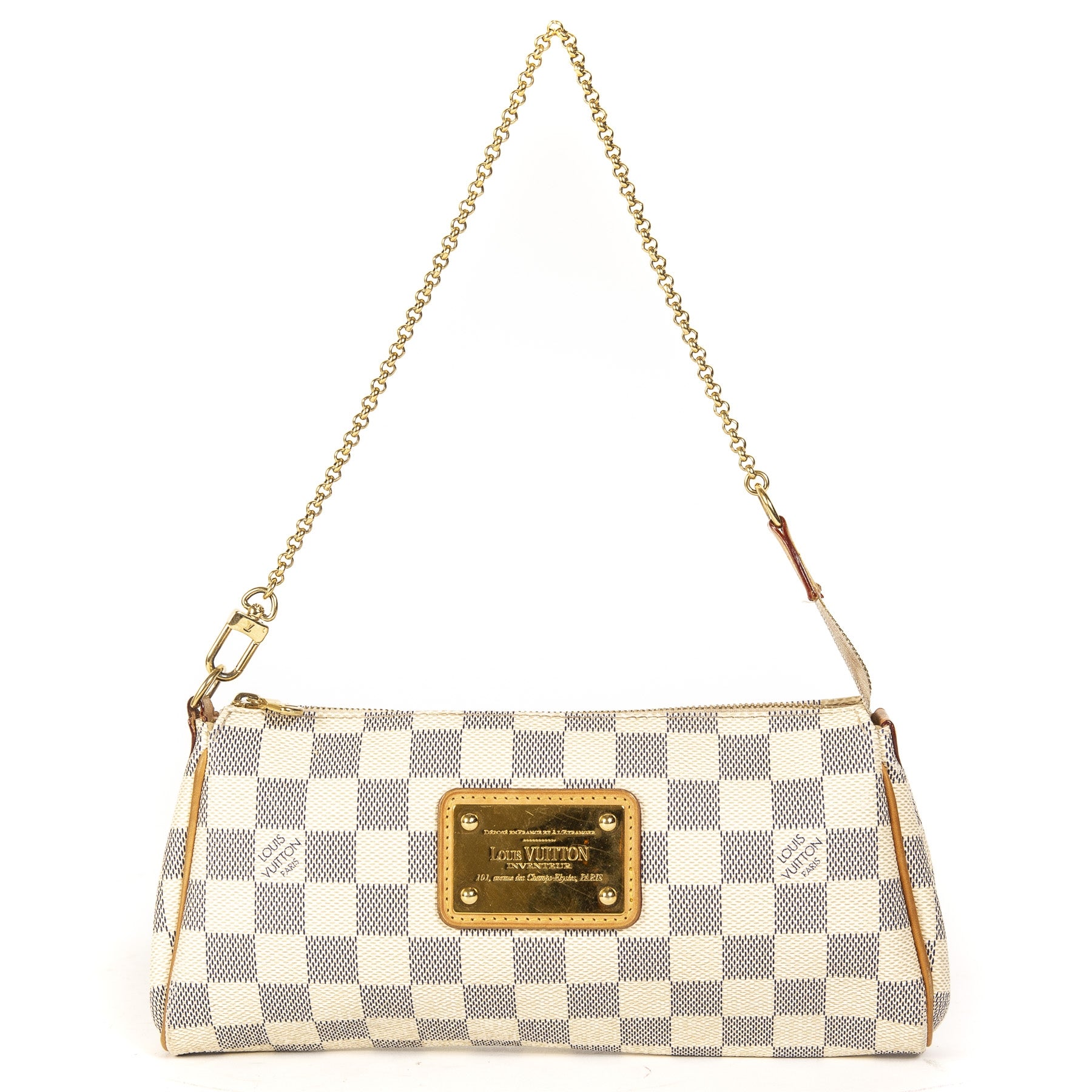 Louis Vuitton Damier Azur Pochette Milla MM Bag. Koop Louis Vuitton lichte azur Damier tas, minitas trend. Bij LabelLOV Antwerpen.