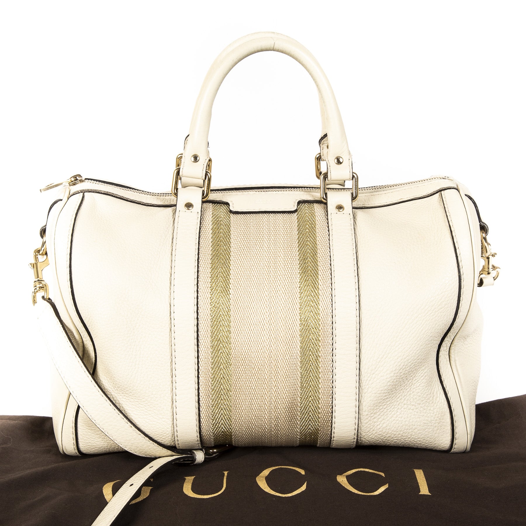 Gucci White Vintage Web Boston Bag Leather Medium