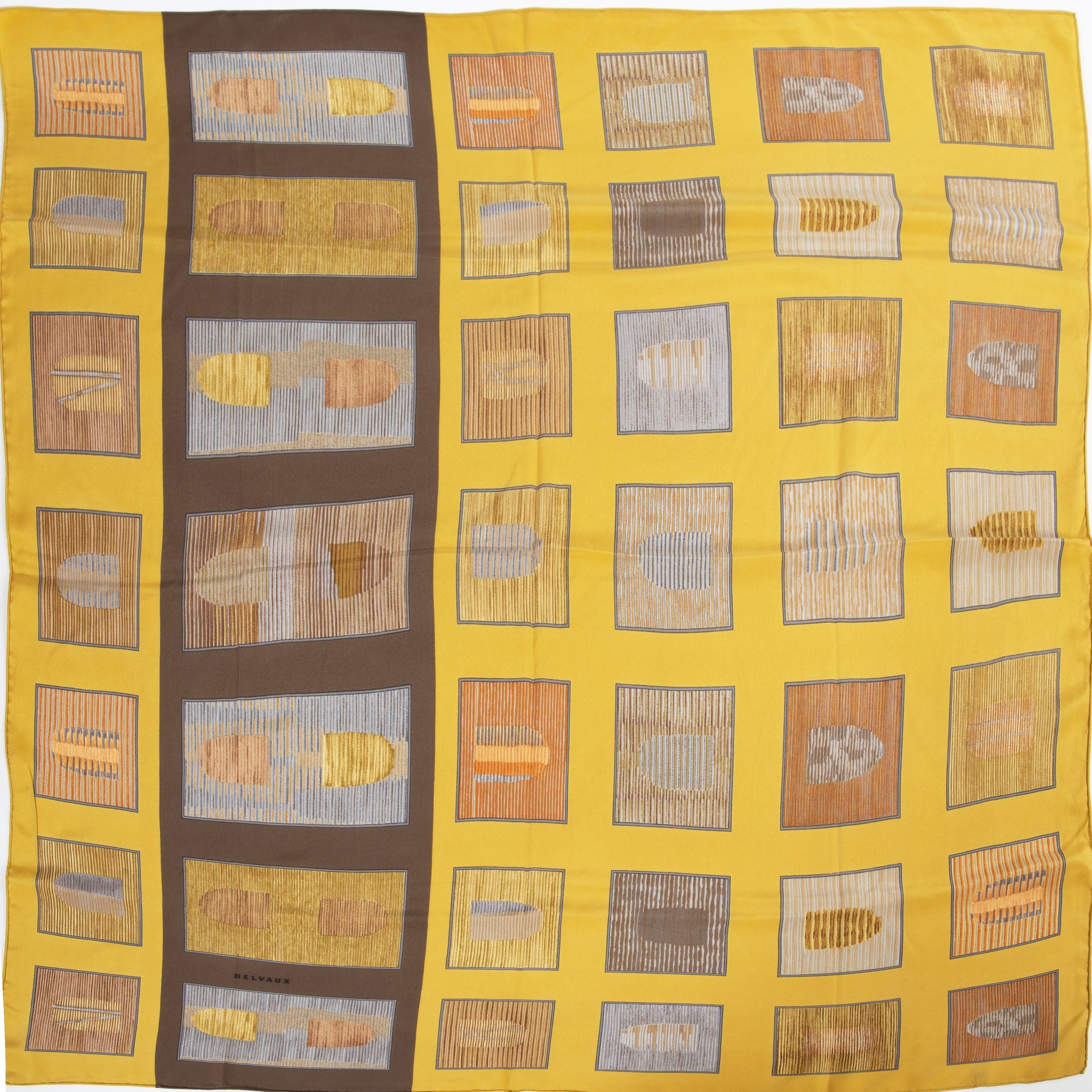 Delvaux Mustard Silk Square Scarf now for sale at Labellov vintage fashion webshop belgium