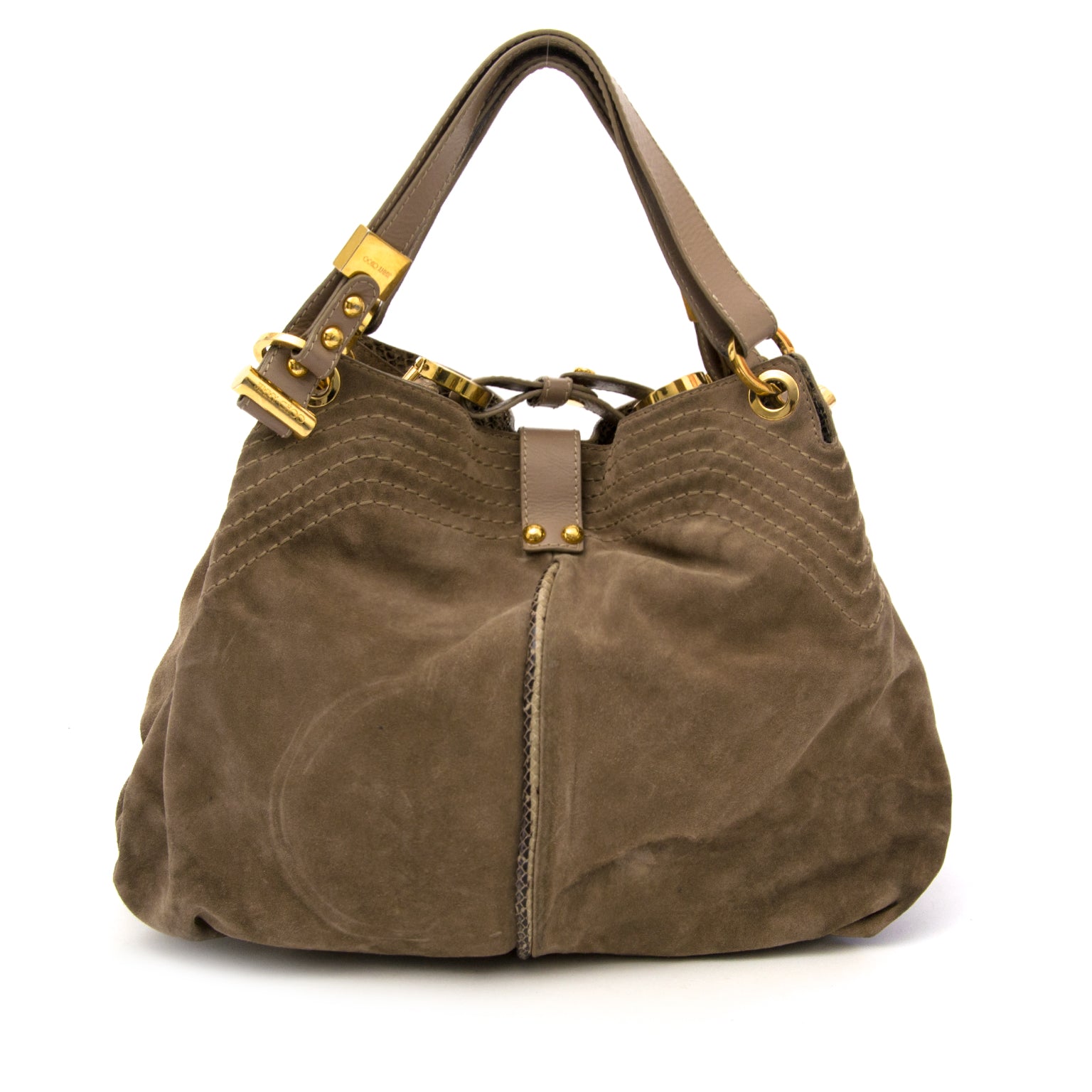 Koop veilig tweedehandse designer tassen online bij labellov. Jimmy Choo Suede Alex Schouder tas voor de beste prijs