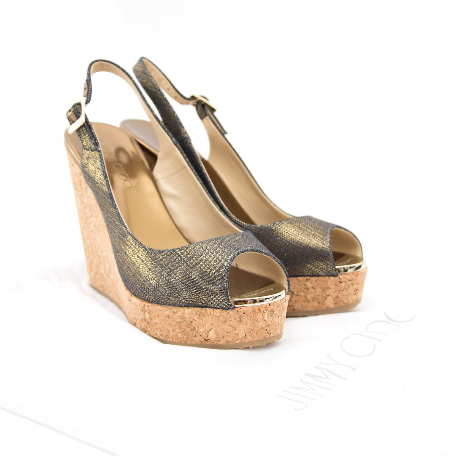 Authentic Jimmy Choo Praise Metallic Denim Slingback Wedges - Size:36,5