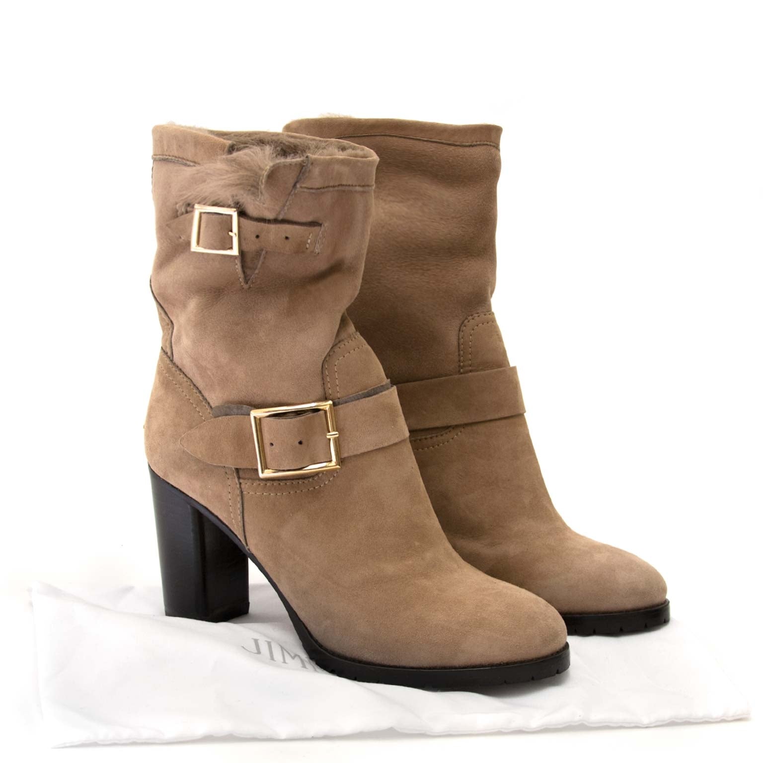 jimmy choo heeled dart shearling suede boots now for sale at labellov vintage fashion webshop belgium