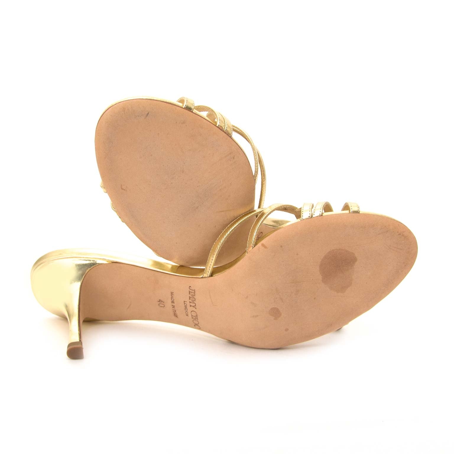 acheter en ligne seconde main Jimmy Choo Metallic Gold Kitten Sandals - Size 40