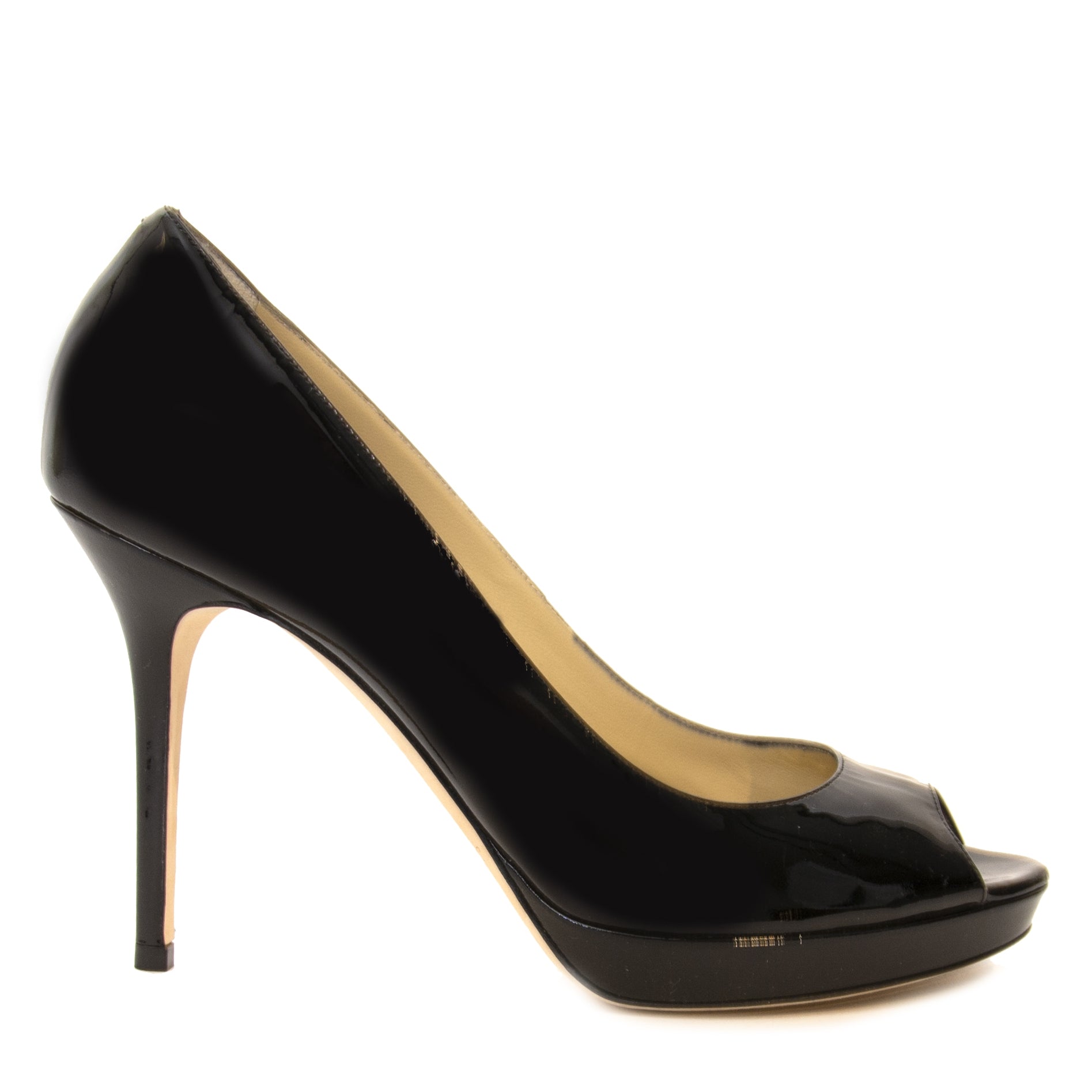 acheter en ligne seconde main Jimmy Choo Patent Black Peep Toe Pumps - size 39
