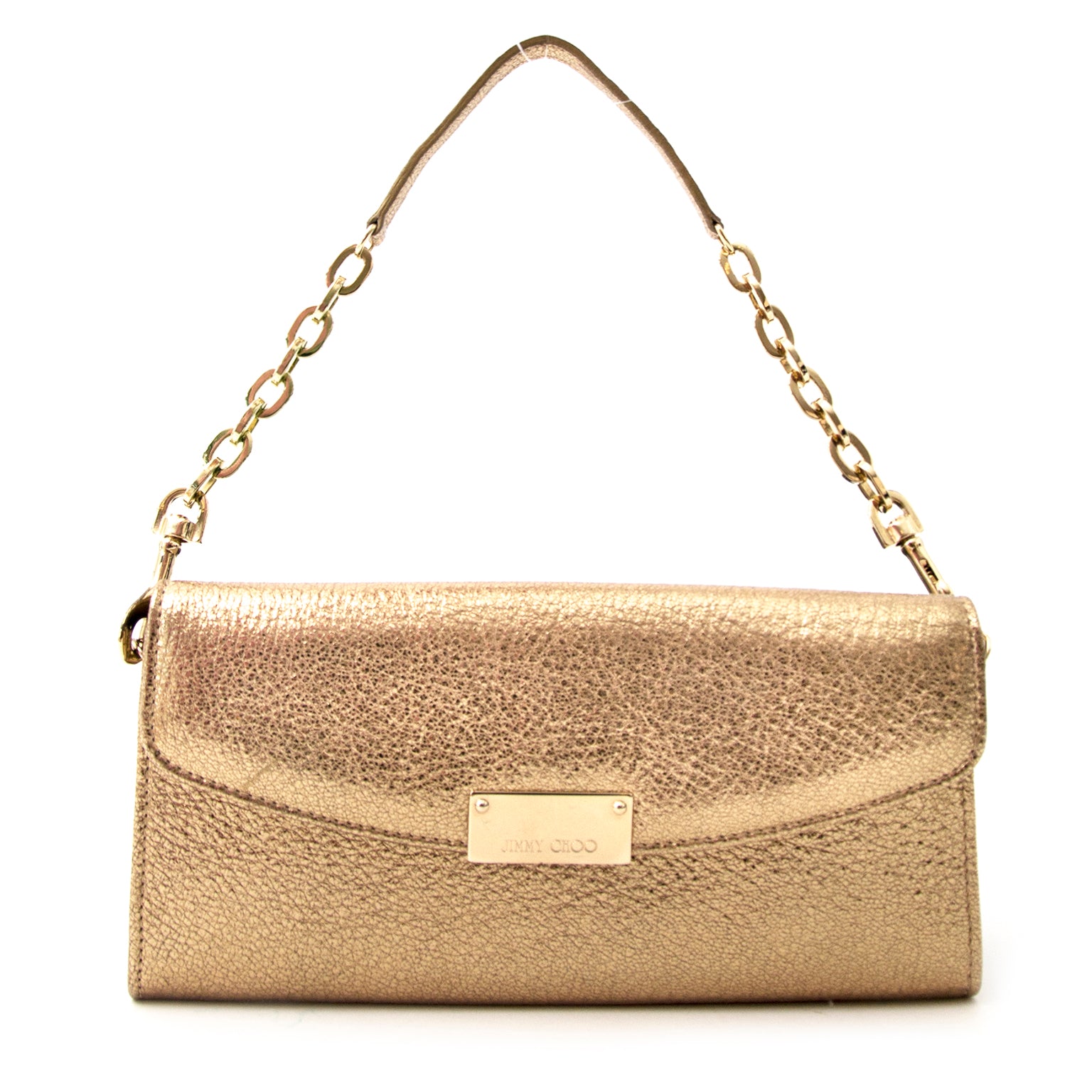 Jimmy Choo 'Riane' Gold Clutch for sale in Antwerp at Labellov, worldwide shipping and safe - secure shopping.