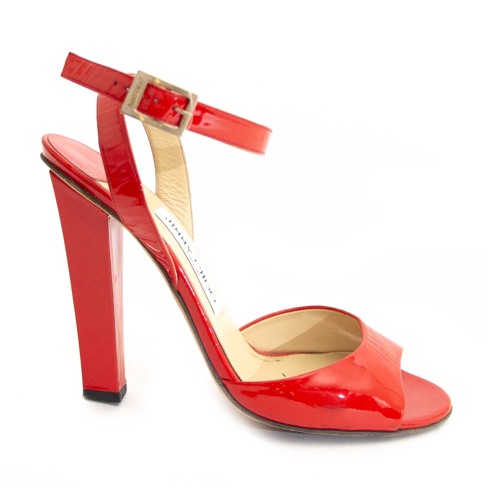 authentieke tweedehands Jimmy Choo Red Patent Leather Sandal Heels webshop LabelLOV