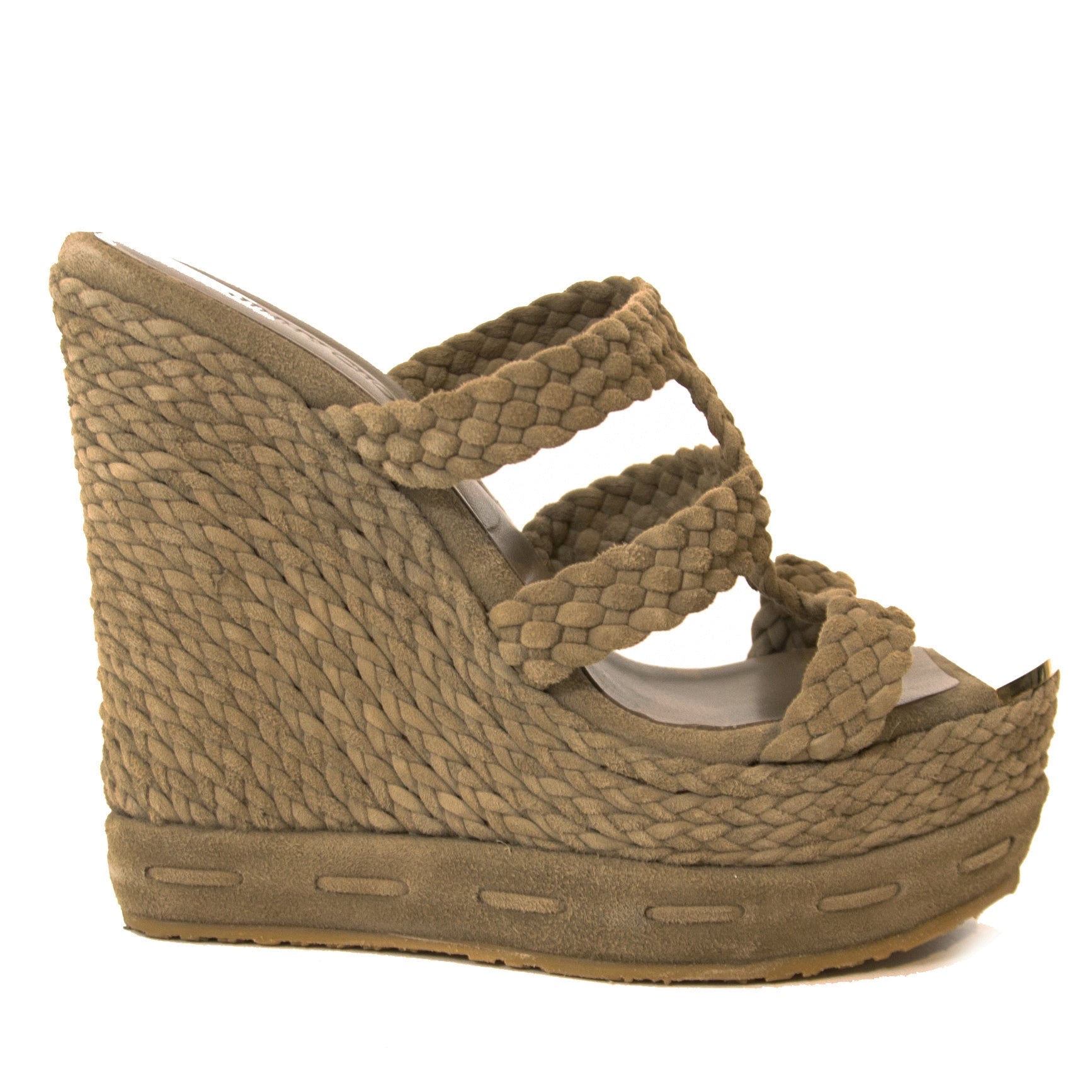Jimmy Choo Olive Pace Woven Suede Wedges - Size 36 for sale at Labellov