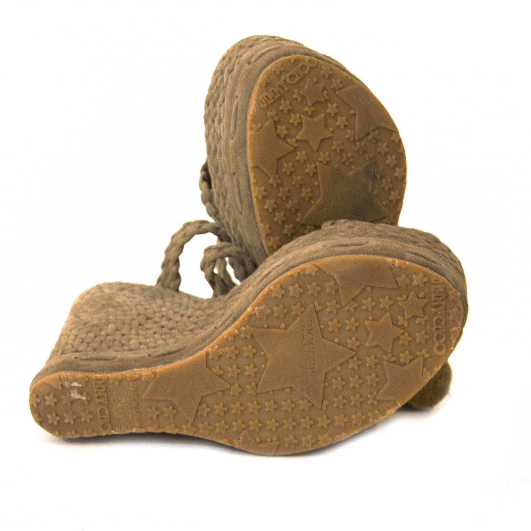We buy and sell your authentic Jimmy Choo Olive Pace Woven Suede Wedges - Size 36