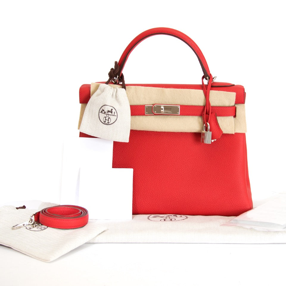 koop online aan de beste prijs geen wachtlijst 100% authentieke Brand New Hermes Kelly Geranium Retourne 32 Togo