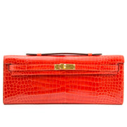 Hermès Kelly Cut Pochette Crocodile Porosus Lisse Orange GHW