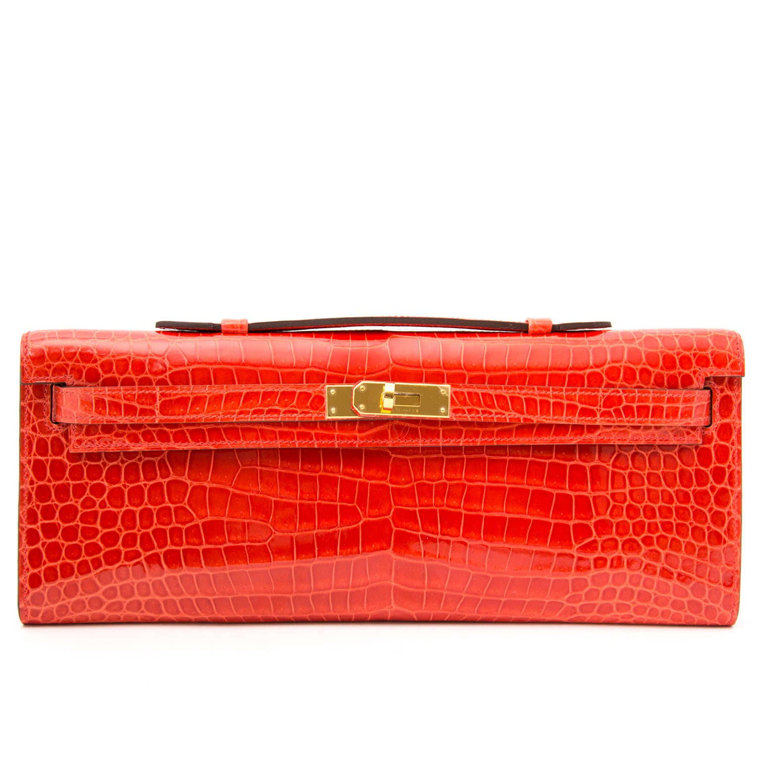 Hermès Kelly Cut Pochette Crocodile Porosus Lisse Orange GHW