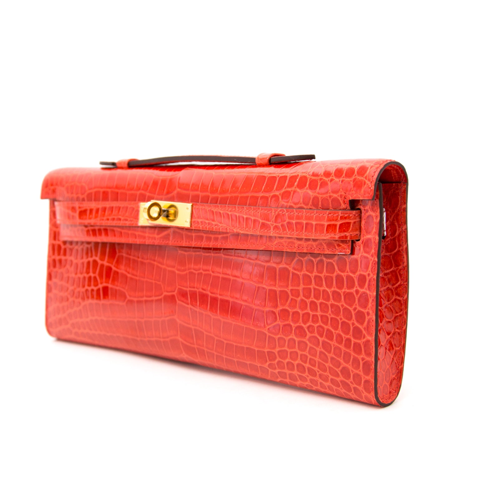 Hermès Kelly Cut Pochette Crocodile Porosus Lisse Orange GHW