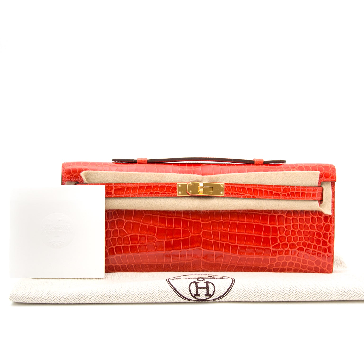 Hermès Kelly Cut Pochette Crocodile Porosus Lisse Orange GHW