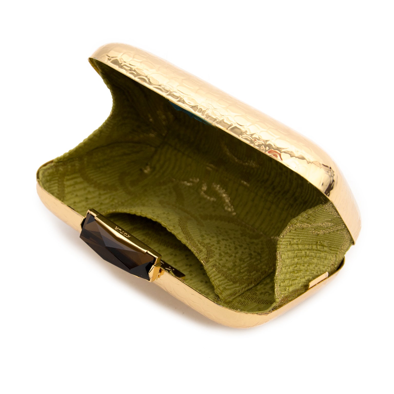 Kotur Morley Croc Embossed Gold Metal Box Clutch for sale on Labellov secondhand designer vintage